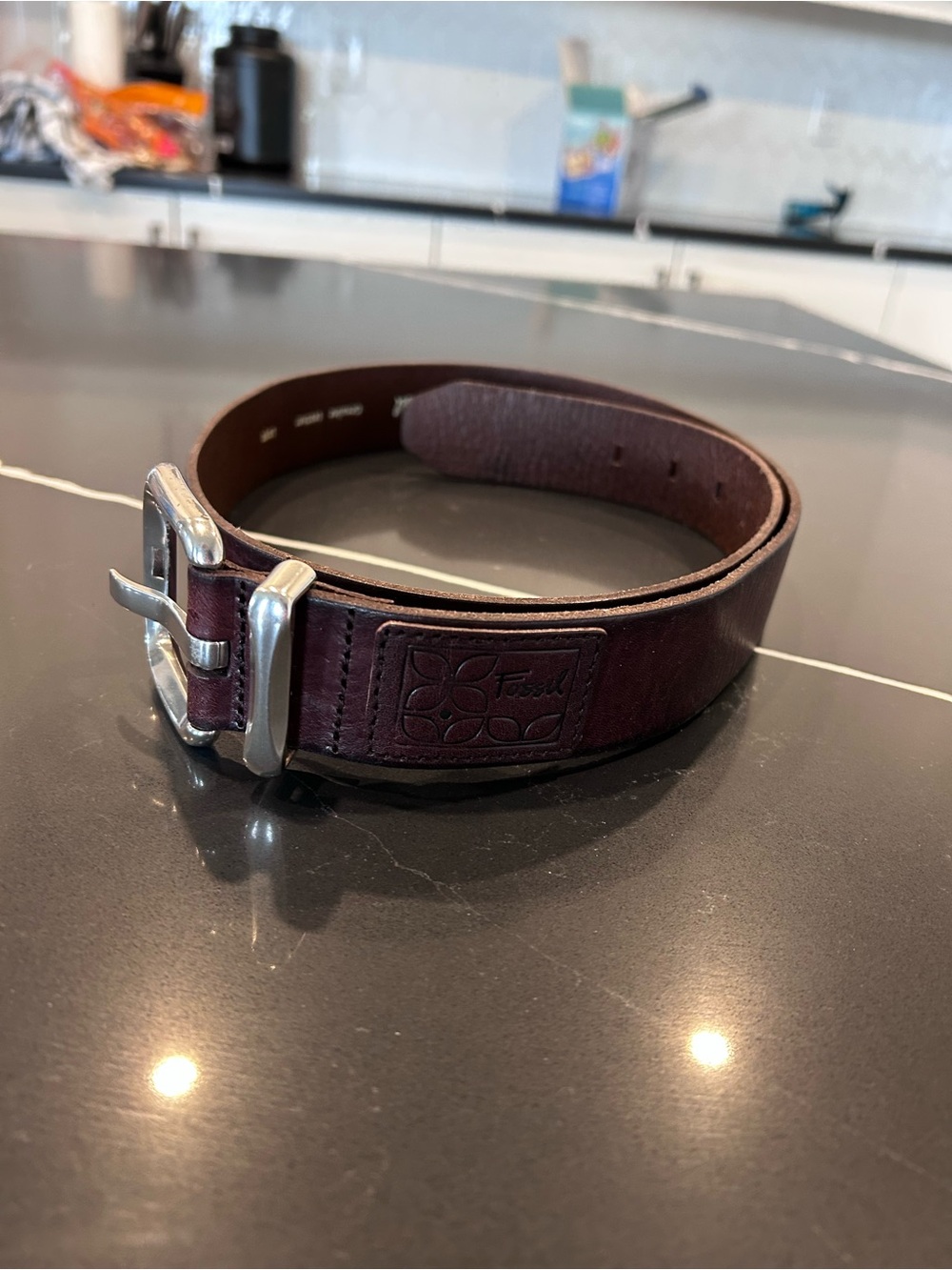 Fossil Men’s Dark Brown Genuine Leather Belt Silver Buckle Large Everyday Casual